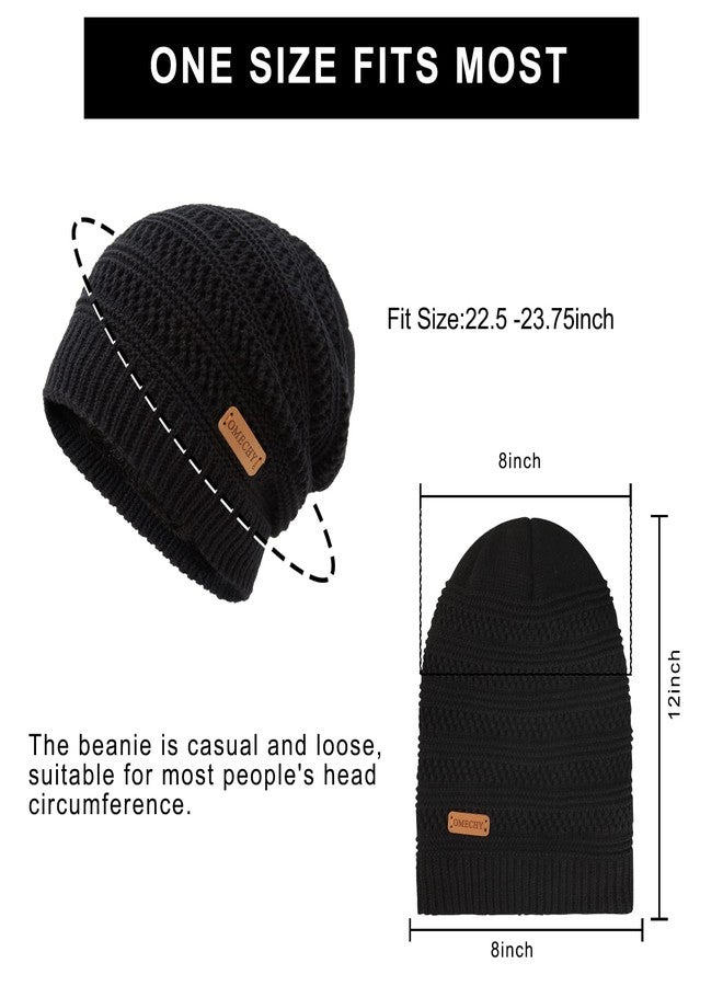OMECHY Beanie for Men Women Thick Warm Fluffy Lined Knit Winter Hat Slouch Chunky Stretch Plain Cuff Toboggan Cap Black - Image 5