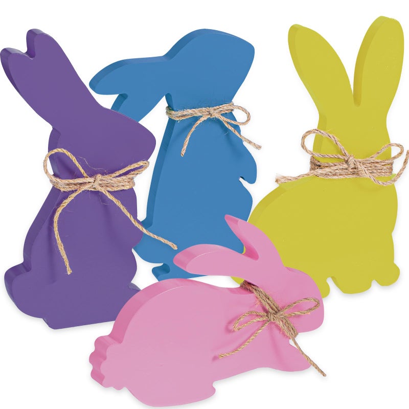 4 Pieces Easter Bunny Wood Signs Table Wooden Farmhouse Decor Easter Wooden Rabbit Shape Sign with Rope Dining Room Decorations for Party Desk Office Home Light Blue Purple Pink Yellow