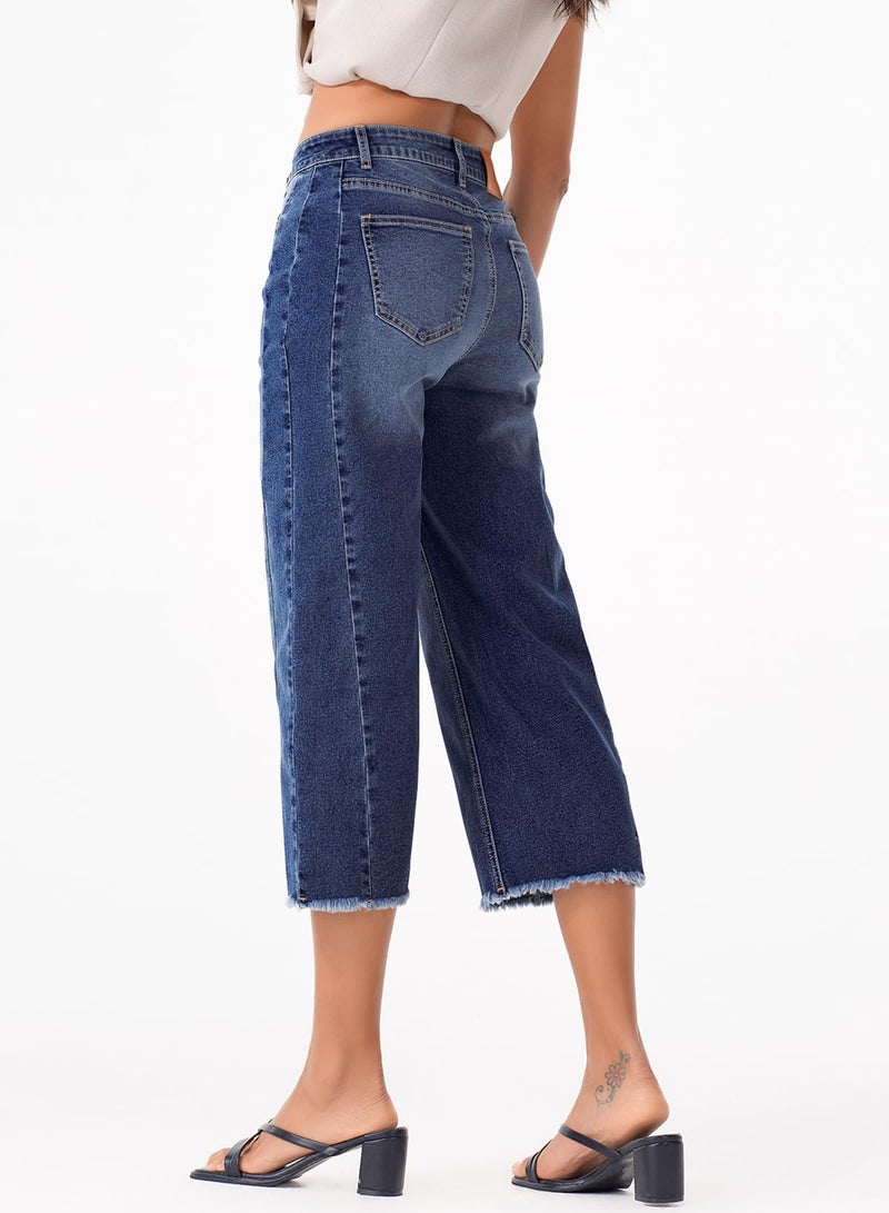 Sidefeel Women's High Waisted Jeans Stretchy Straight Leg Raw Hem Capri Pants Size 16 Dark Blue - Image 2