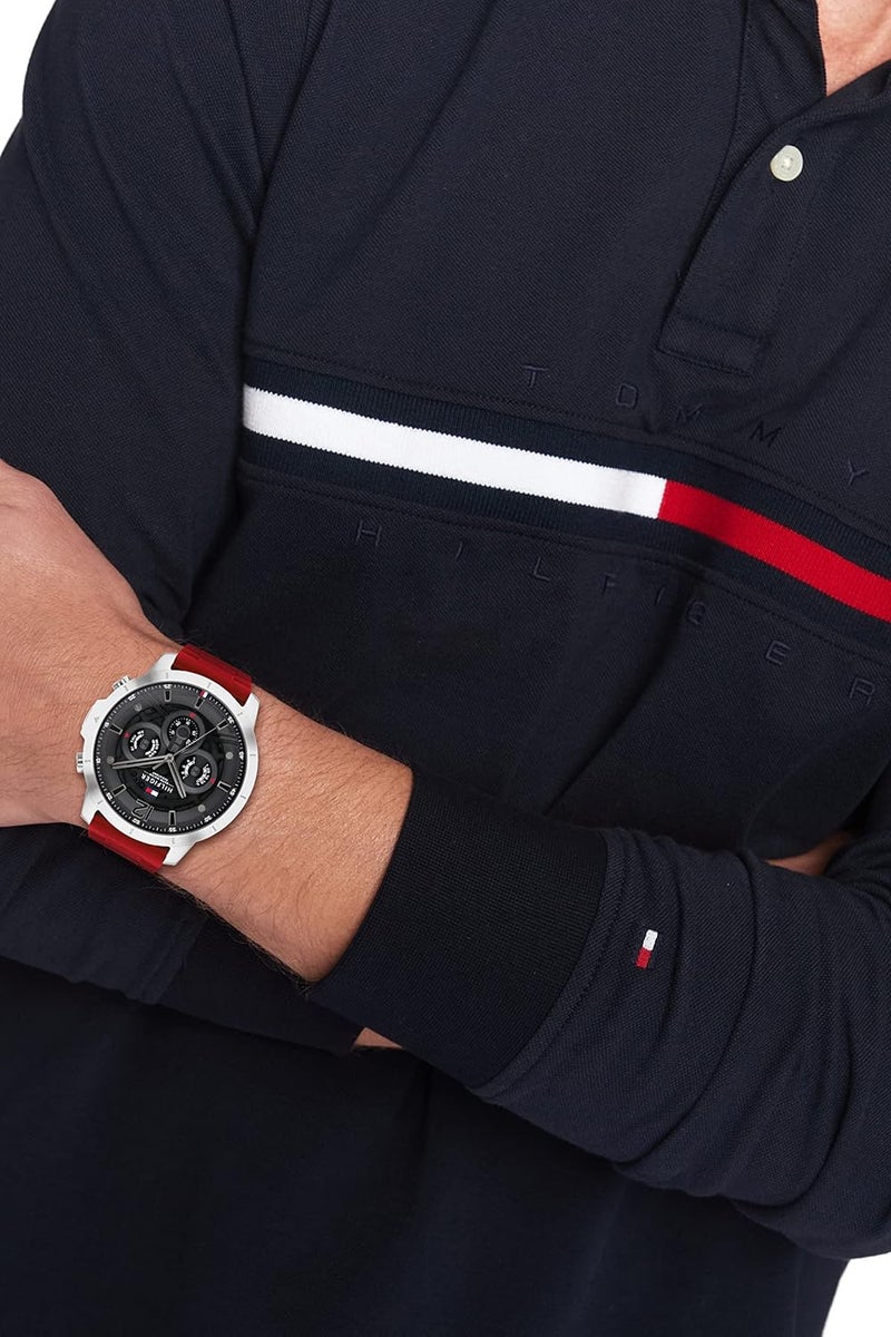 TOMMY HILFIGER ساعة تومي هيلفيغر للرجال بقرص رمادي وحزام سيليكون أحمر - Image 4