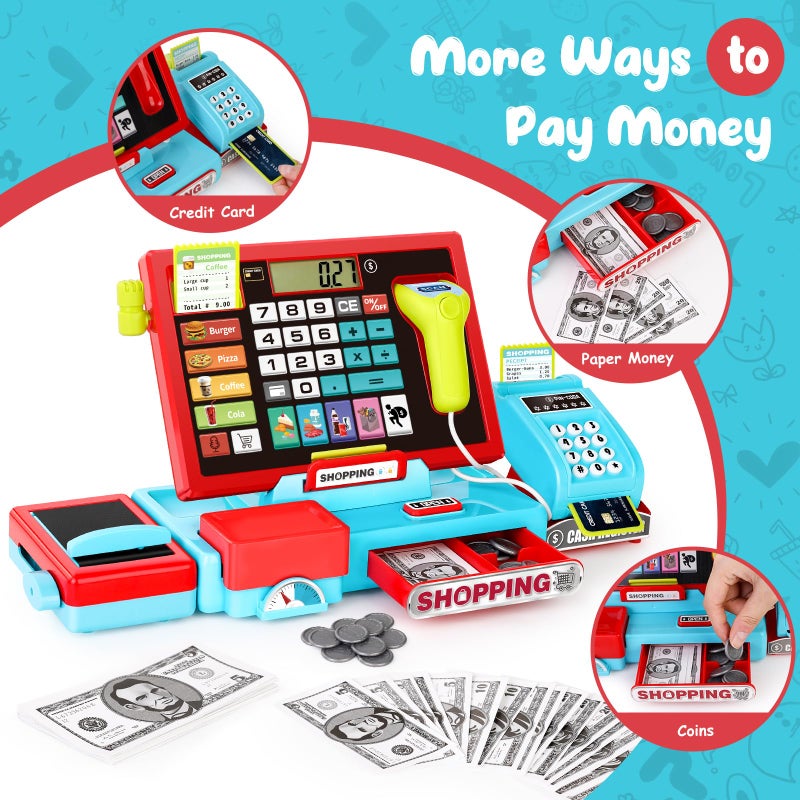 maysida 52PCS Toy Cash Register for Kids with Sound Music/Scanner/Microphone/Credit Card/Play Money, Pretend Learning Toy Kids Cash Register, Christmas Birthday Gift for Toddlers Girl Boy Age 3 4 5 6 - Image 4