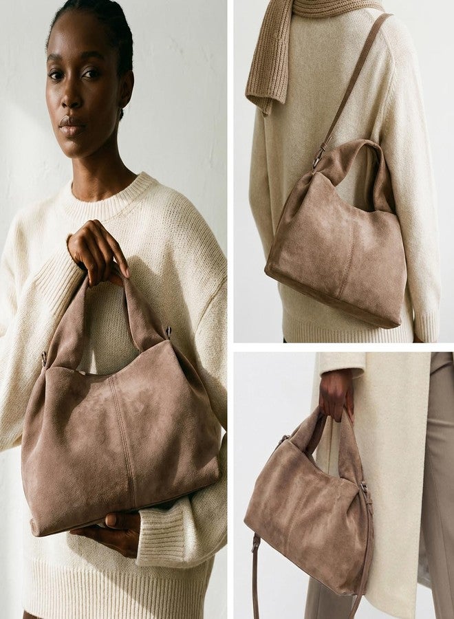 PHILOMENA Women’s Suede Hobo Bag, Vintage Half-Moon Shoulder Handbag, Soft Faux Suede Purse Elegant Tote for Everyday Use (Earth Tone) - Image 2