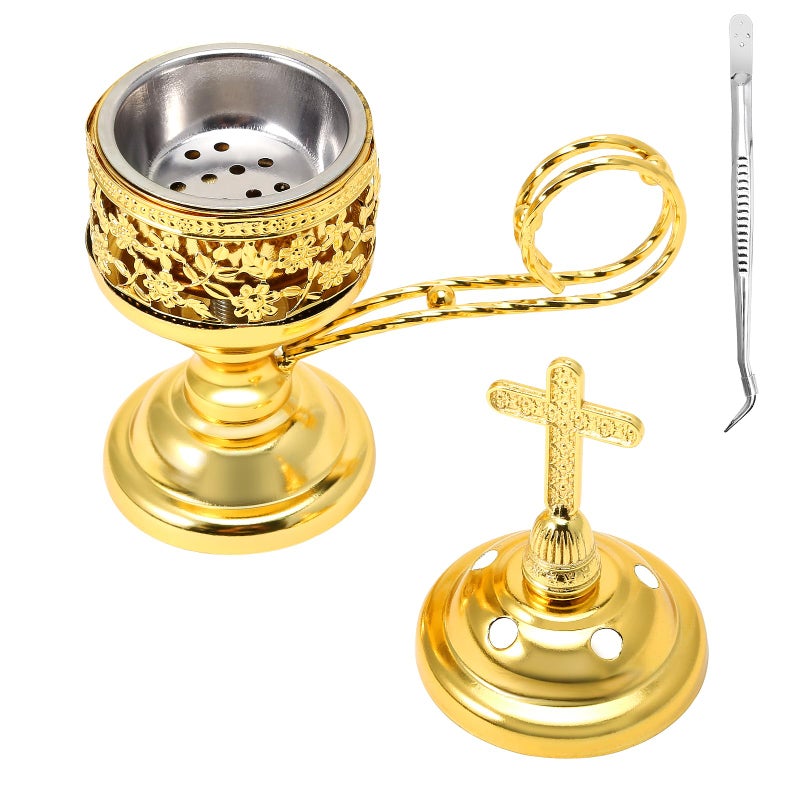Yawlsow Incense Burner, Frankincense Charcoal Incense Stand, Bakhoor Incense Burner Holder, Ideal for Aromatherapy, Yoga and Spa, Home and Christian Church Censer, (Gold) - Image 1