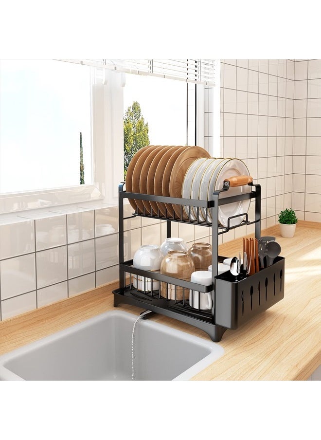 Santentre 2-Tier Dish Drying Rack with Removable Utensil Holder, Over Sink Dish Drying Rack for Space Saver, Dish Drainers for Kitchen Counter, Rust Resistant Stainless Steel Dish Rack, Black  - Image 1