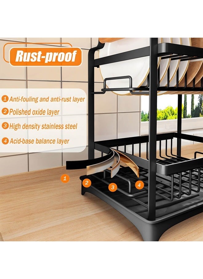 Santentre 2-Tier Dish Drying Rack with Removable Utensil Holder, Over Sink Dish Drying Rack for Space Saver, Dish Drainers for Kitchen Counter, Rust Resistant Stainless Steel Dish Rack, Black  - Image 3