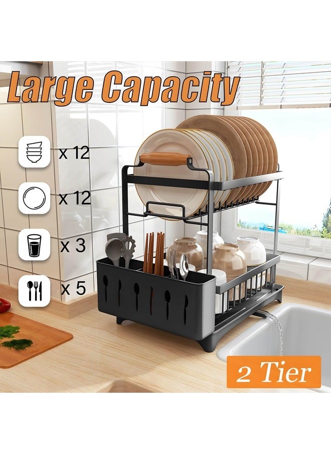 Santentre 2-Tier Dish Drying Rack with Removable Utensil Holder, Over Sink Dish Drying Rack for Space Saver, Dish Drainers for Kitchen Counter, Rust Resistant Stainless Steel Dish Rack, Black  - Image 2