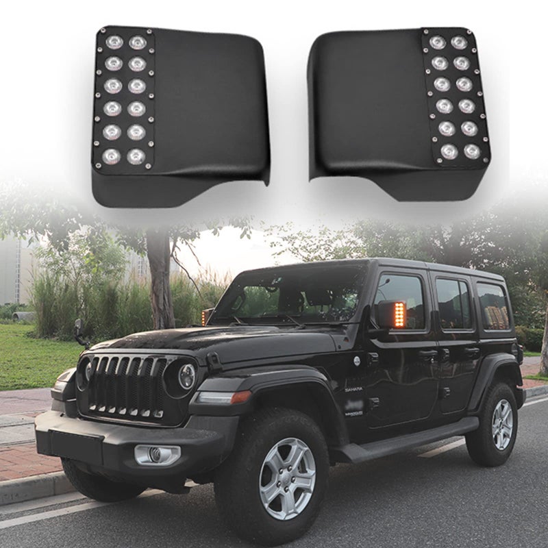 KMFCDAE LED Side Mirror Lights Rear View Mirror Housing Replacement Cover wDual Row Amber Turn Signal Lights DRL White Spot Light for Jeep Wrangler JL JLU Gladiator JT 20182022 2023 Flood Lens