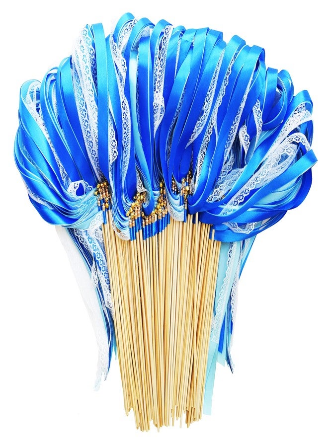 Kingsnow 100 Pack Blue Lace Wedding Ribbon Wands Streamers with Bells Silk Fairy Wands Sticks Wedding Exit Ribbon for Party Activities Bridal Shower Send Off Holiday Celebration - Image 1