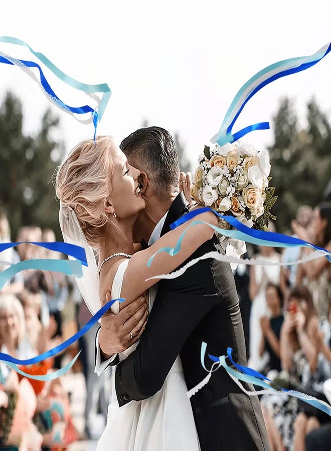 Kingsnow 100 Pack Blue Lace Wedding Ribbon Wands Streamers with Bells Silk Fairy Wands Sticks Wedding Exit Ribbon for Party Activities Bridal Shower Send Off Holiday Celebration - Image 2