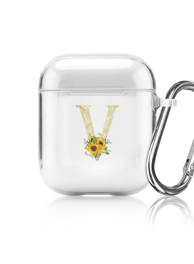 Stylizedd Classic Clear printed Case for Apple Airpods 2 / 1 Soft TPU Gel Thin Transparent Flexible Cover - Custom Monogram Initial Letter Mandala Floral Pattern Alphabet - V (Clear ) - Image 1