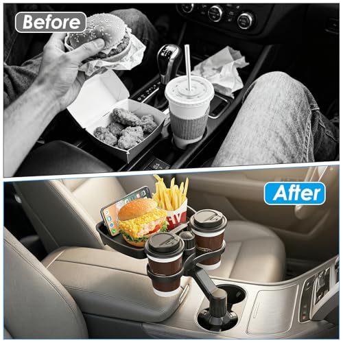 Biupky Car Cup Holder Expander, 4-in-1 Universal Cup Holder Tray Compatible with 2.6" to 3.94", Multi Cup Holders Table with Large Food Tray Phone Mount, for Travel Auto Trucker Road Trip Essentials - Image 2