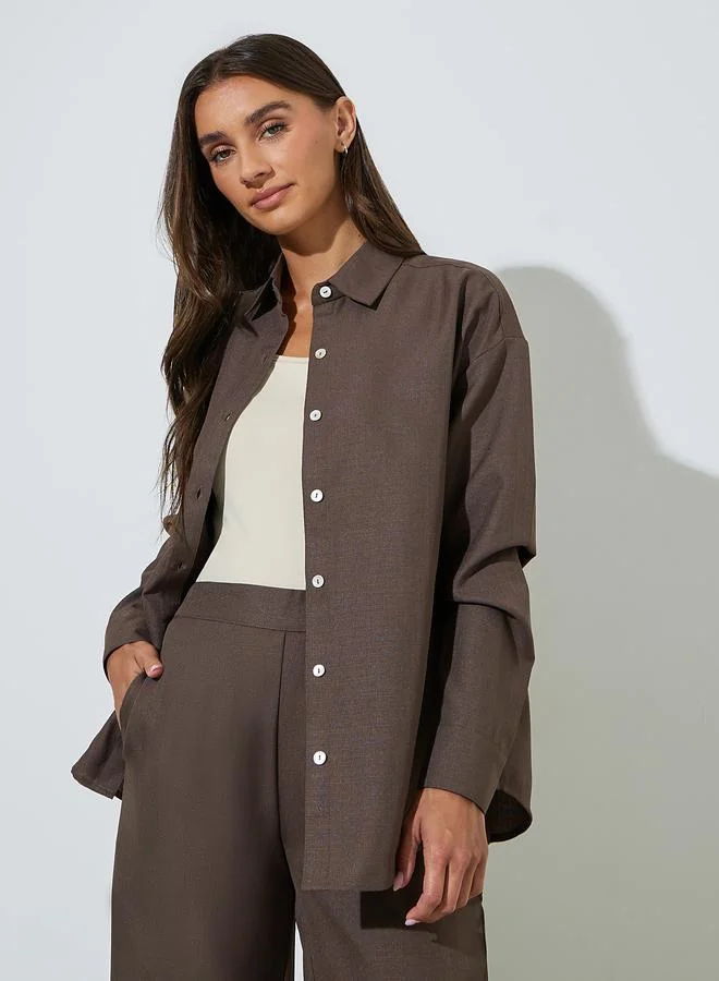 Styli Brown Solid Long Sleeves Button-Up Oversized Shirt