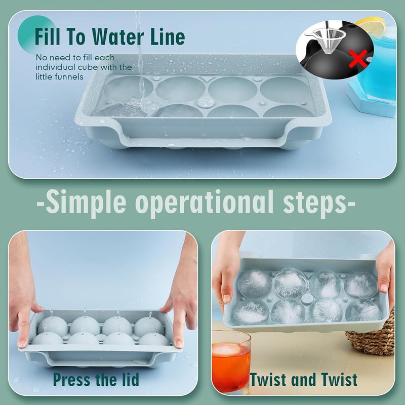 WIBIMEN Large Ice Cube Molds, Big Round Whiskey Ice Cube Trays for Freezer, Easy to Fill & Release, Whiskey Bourbon Cocktail(2.5In*8 Balls- Blue/2 Pack) - Image 3