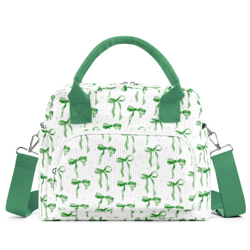 TESAFNG Lunch Box for Women Insulated Lunch Bag Cute Corduroy Lunch Tote Bags Lightweight Reusable Leakproof Cooler Bag with Adjustable Shoulder Strap for Work Office Travel Picnic Green Bow - Image 2