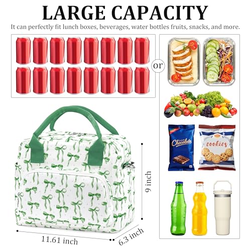 TESAFNG Lunch Box for Women Insulated Lunch Bag Cute Corduroy Lunch Tote Bags Lightweight Reusable Leakproof Cooler Bag with Adjustable Shoulder Strap for Work Office Travel Picnic Green Bow - Image 3