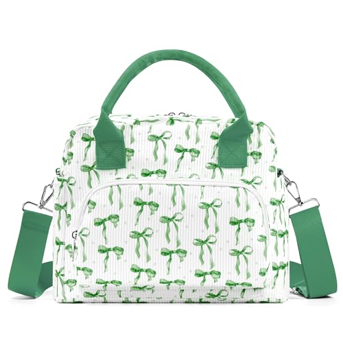 TESAFNG Lunch Box for Women Insulated Lunch Bag Cute Corduroy Lunch Tote Bags Lightweight Reusable Leakproof Cooler Bag with Adjustable Shoulder Strap for Work Office Travel Picnic Green Bow - Image 1
