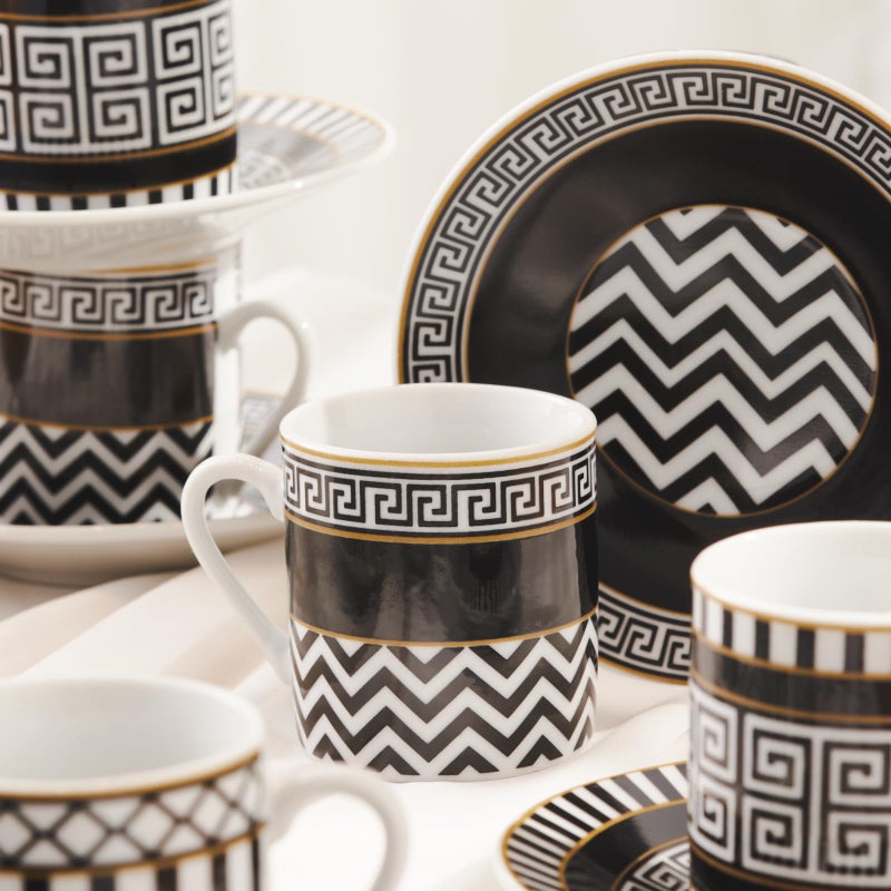 KARACA Helenistik Porcelain Turkish Coffee Cups Set for 6 People - 12 Piece Espresso Cup with Saucers - Drinking Serving Gift Set for Women - Ideal for Serving Turkish Coffee (Black and White, 80 ml) - Image 4