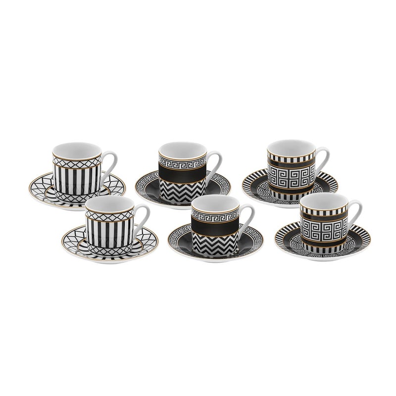 KARACA Helenistik Porcelain Turkish Coffee Cups Set for 6 People - 12 Piece Espresso Cup with Saucers - Drinking Serving Gift Set for Women - Ideal for Serving Turkish Coffee (Black and White, 80 ml) - Image 1