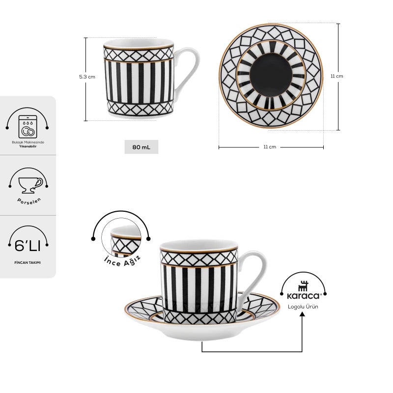 KARACA Helenistik Porcelain Turkish Coffee Cups Set for 6 People - 12 Piece Espresso Cup with Saucers - Drinking Serving Gift Set for Women - Ideal for Serving Turkish Coffee (Black and White, 80 ml) - Image 3