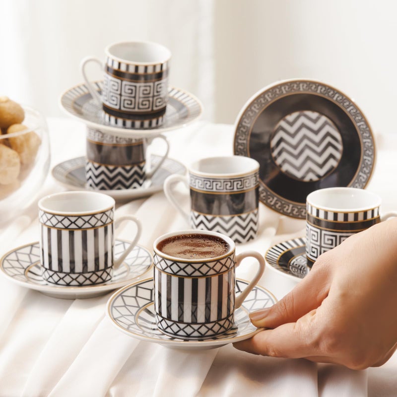KARACA Helenistik Porcelain Turkish Coffee Cups Set for 6 People - 12 Piece Espresso Cup with Saucers - Drinking Serving Gift Set for Women - Ideal for Serving Turkish Coffee (Black and White, 80 ml) - Image 5