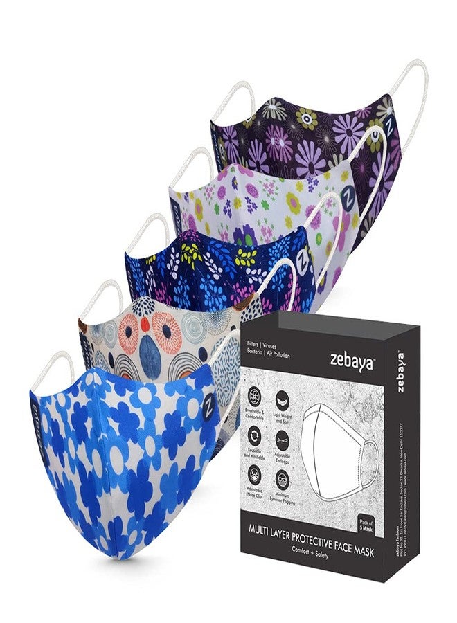 zebaya Digital Printed Fashion Mask for Ladies. 3 Layer of Protection (Pack of 5 Nos). Washable & Reusable Fabric. - Image 1