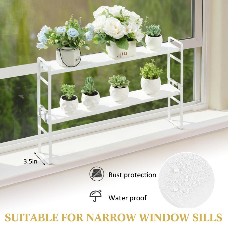 BrightRow 2 Pcs Expandable Window Sill Plant Shelf, 13.7 x 3.5 x 7.28 Inches, Stackable Narrow over The Sink Shelf, Adjustable Height Metal Window Sill Extender Shelves for Kitchen Bathroom (White) - Image 4