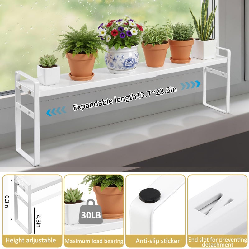 BrightRow 2 Pcs Expandable Window Sill Plant Shelf, 13.7 x 3.5 x 7.28 Inches, Stackable Narrow over The Sink Shelf, Adjustable Height Metal Window Sill Extender Shelves for Kitchen Bathroom (White) - Image 3