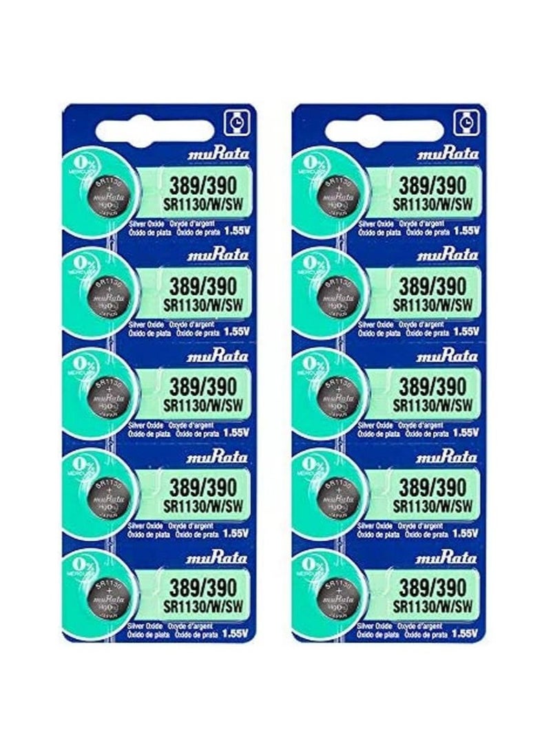 10-Pieces Murata SR1130/W/SW / 389/390 Silver Oxide 1.55V (muRata) Japan Batteries