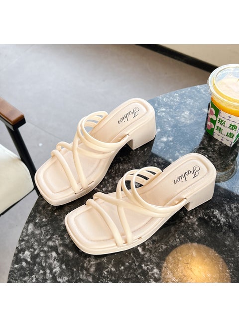 Fashionable High-Heeled Sandals Womens Summer Thin Strap Outer Wear Thick Bottom Drag Shoes Southeast Asia Beach Sandals Beige High Heel Strap