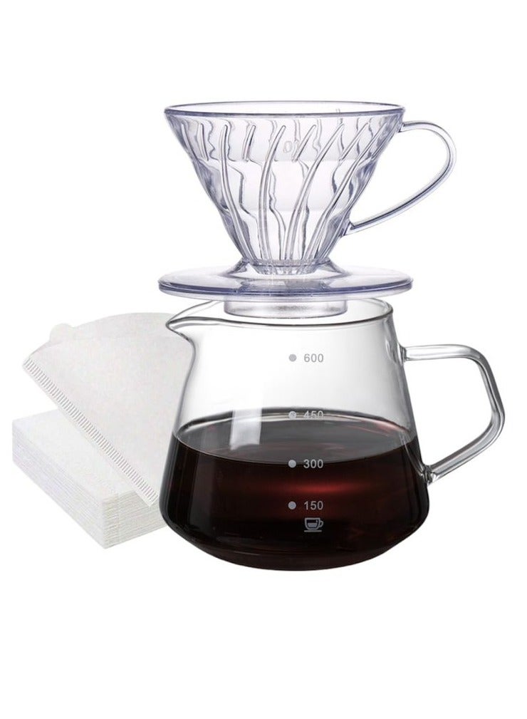 V60 drip coffee machine package consisting of acrylic funnel, glass server and coffee filter - Image 1