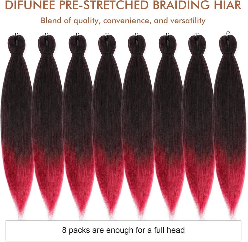 Difunee Pre-stretched Braiding Hair - 24 Inch 8 Packs Ombre Red Long Braiding Hair For Twist or Box Braids, Yaki Texture Hot Water Setting Synthetic Braiding Hair Extensions (24 Inch, T530-8P) - Image 5