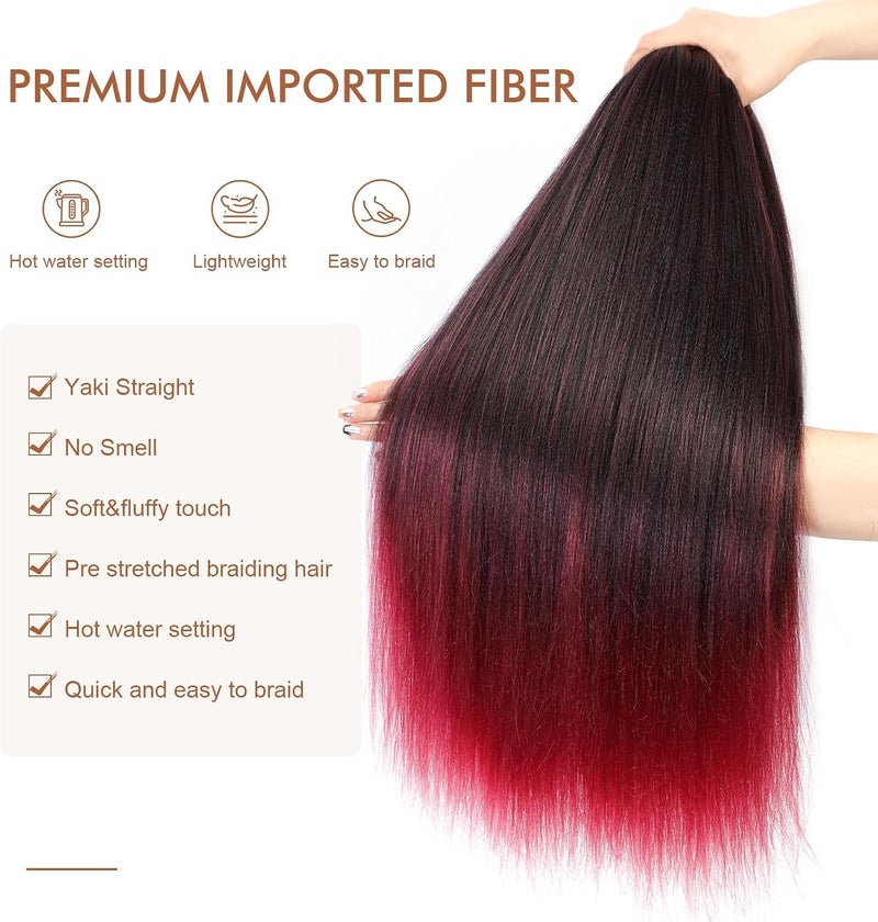 Difunee Pre-stretched Braiding Hair - 24 Inch 8 Packs Ombre Red Long Braiding Hair For Twist or Box Braids, Yaki Texture Hot Water Setting Synthetic Braiding Hair Extensions (24 Inch, T530-8P) - Image 3