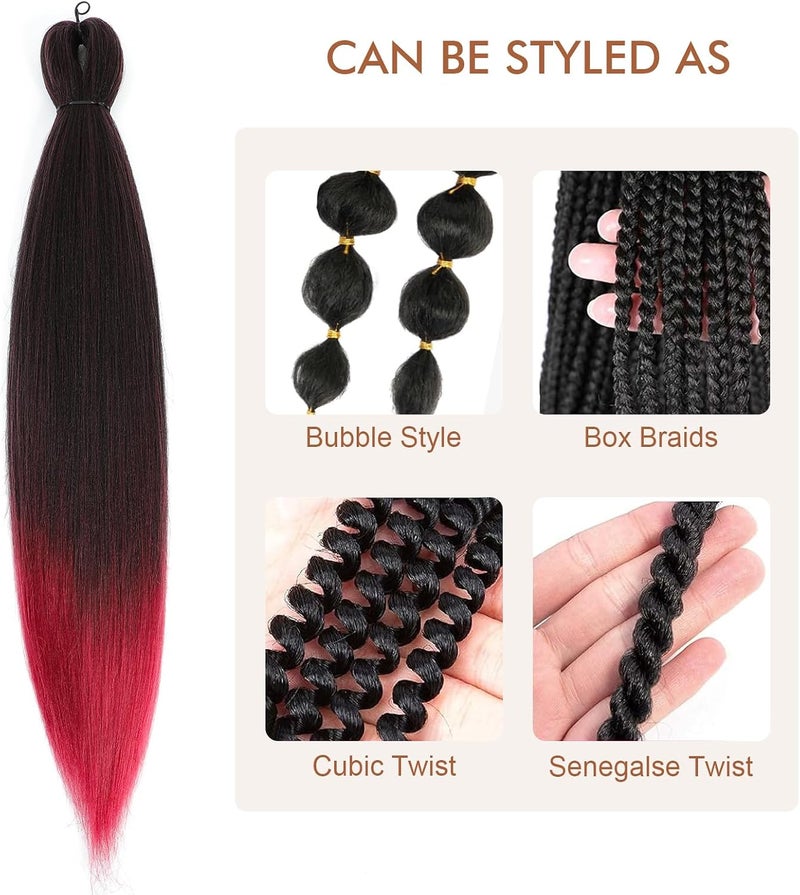 Difunee Pre-stretched Braiding Hair - 24 Inch 8 Packs Ombre Red Long Braiding Hair For Twist or Box Braids, Yaki Texture Hot Water Setting Synthetic Braiding Hair Extensions (24 Inch, T530-8P) - Image 4