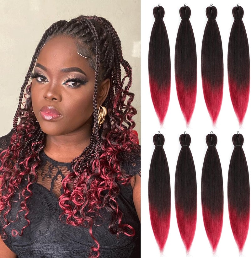 Difunee Pre-stretched Braiding Hair - 24 Inch 8 Packs Ombre Red Long Braiding Hair For Twist or Box Braids, Yaki Texture Hot Water Setting Synthetic Braiding Hair Extensions (24 Inch, T530-8P) - Image 1