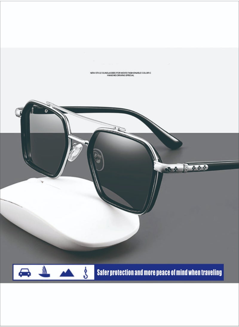 Aoron Men's Sunglasses Driving Handsome Sunglasses Blocking UV Sunglasses Fishing Glasses Black Silver Frame 57mm  - Image 2