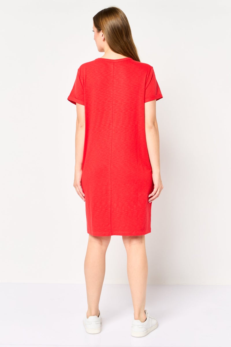 GAP Women Crew Neck Short Sleeve Solid Dress, Red - Image 4
