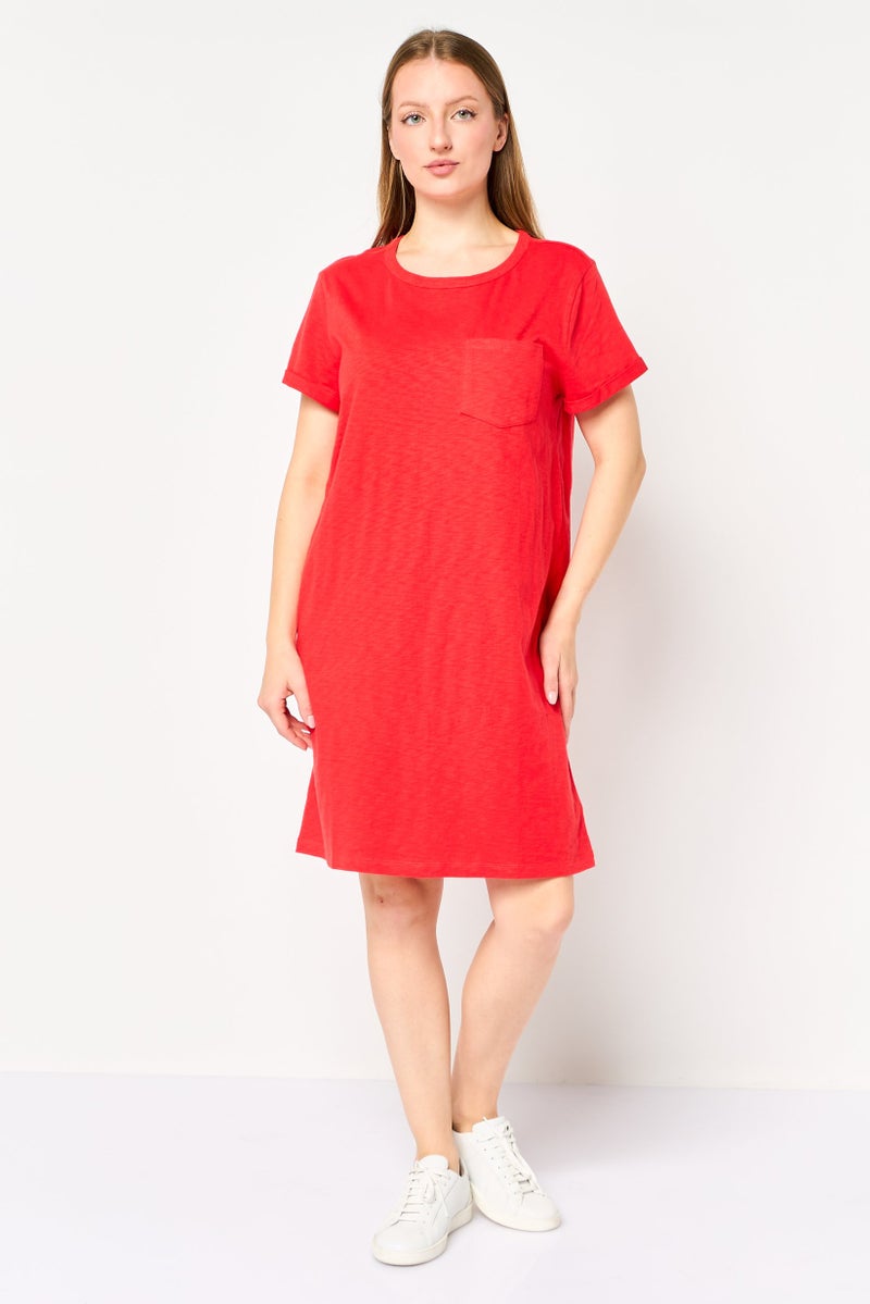 GAP Women Crew Neck Short Sleeve Solid Dress, Red - Image 1