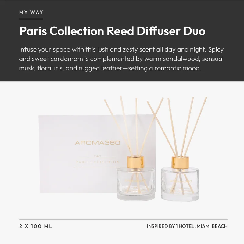 Aroma360  My Way - Paris Collection Reed Diffuser Duo - Luxury Aromatherapy Diffuser - Lush Sandalwood, Warm Virginia Cedar, & Beautiful Iris - Home & Office  | Best Price UAE