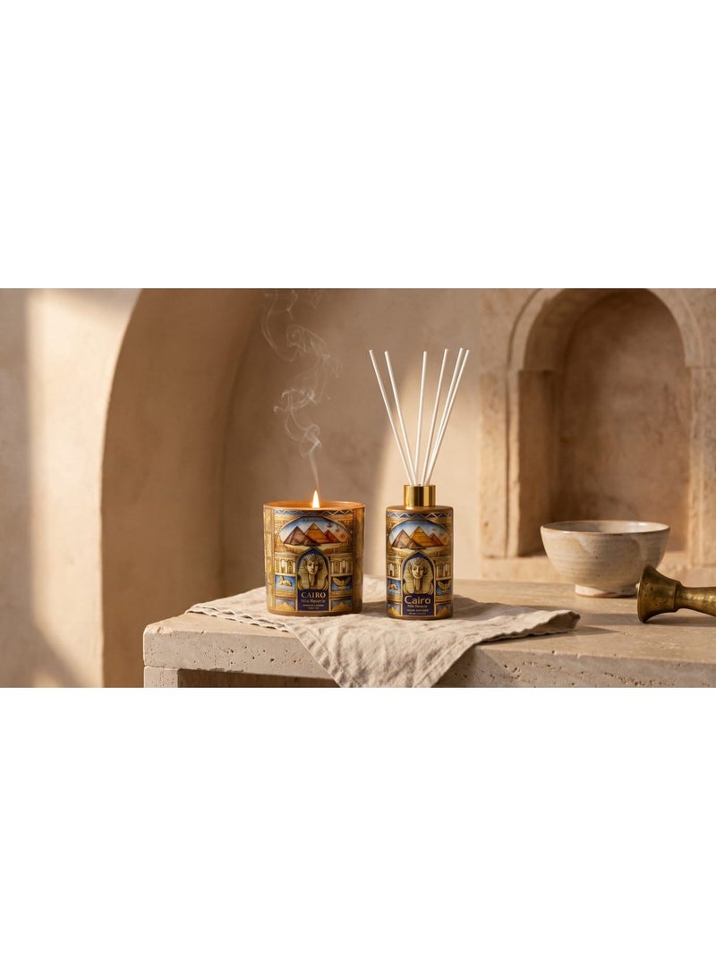 KAMAYA Skyline Collection. Reed Diffuser.  Cairo skyline on the glass jar with gold lid. Frgarance noted citrus, floral and fruity with bergamot, rose, musk and Tonka. Perfect for gifting .Beautiful box with gift card inside - Image 1