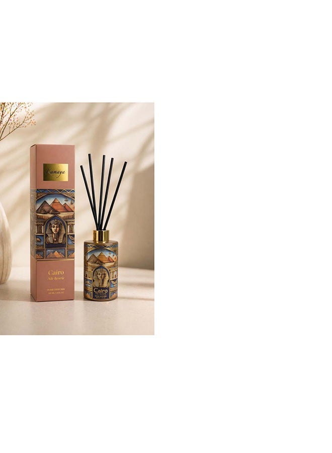 KAMAYA Skyline Collection. Reed Diffuser.  Cairo skyline on the glass jar with gold lid. Frgarance noted citrus, floral and fruity with bergamot, rose, musk and Tonka. Perfect for gifting .Beautiful box with gift card inside - Image 3