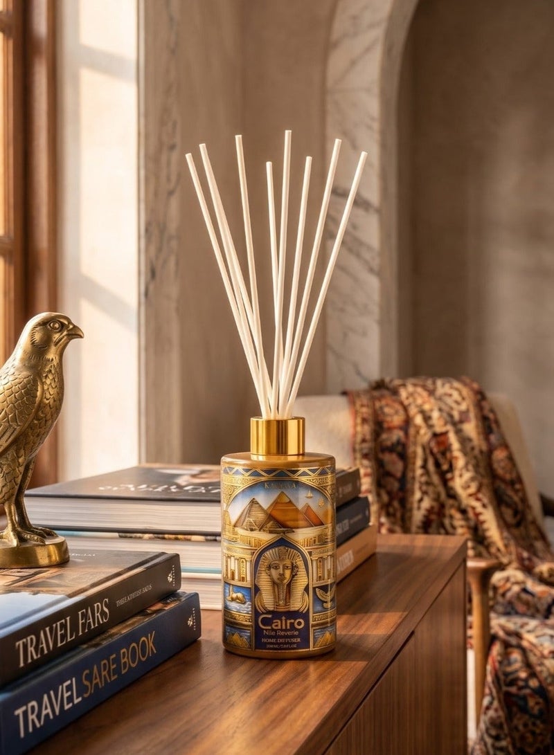 KAMAYA Skyline Collection. Reed Diffuser.  Cairo skyline on the glass jar with gold lid. Frgarance noted citrus, floral and fruity with bergamot, rose, musk and Tonka. Perfect for gifting .Beautiful box with gift card inside - Image 1
