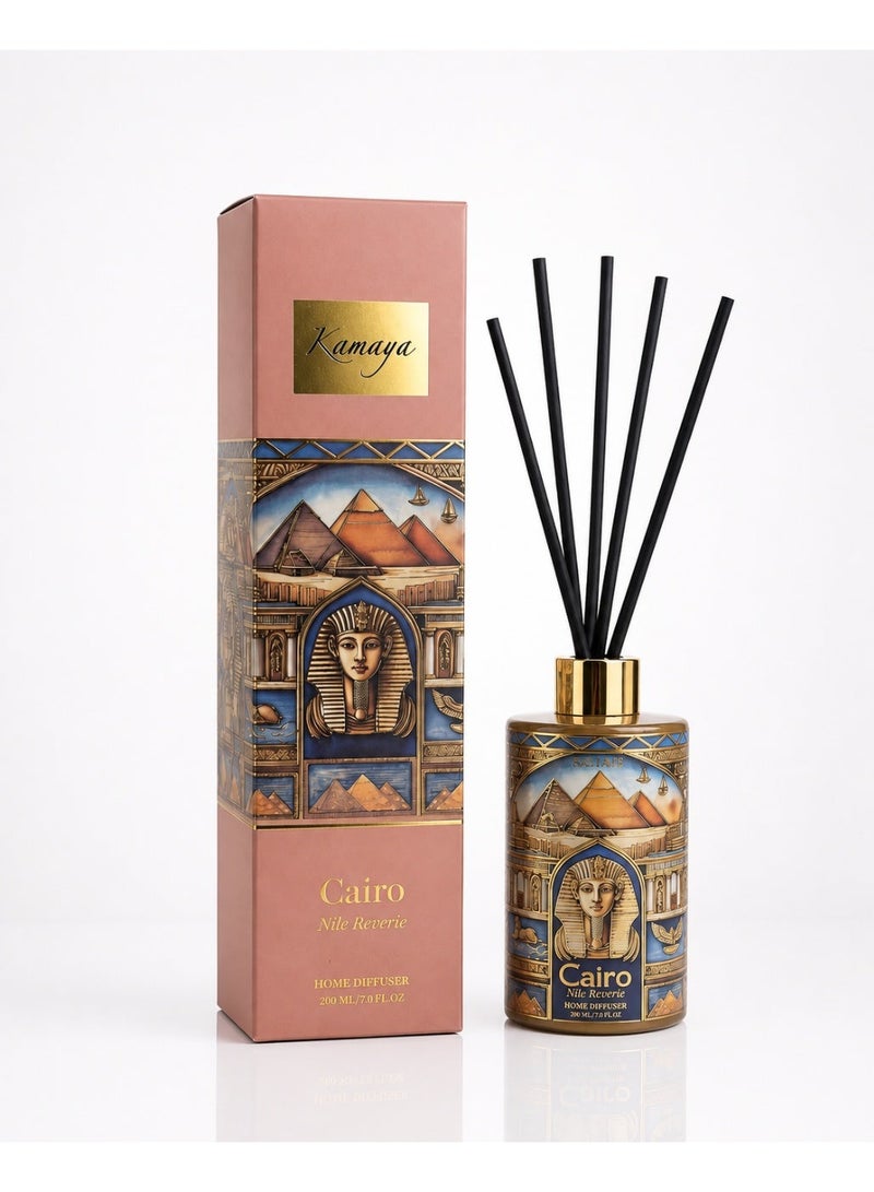 KAMAYA Skyline Collection. Reed Diffuser.  Cairo skyline on the glass jar with gold lid. Frgarance noted citrus, floral and fruity with bergamot, rose, musk and Tonka. Perfect for gifting .Beautiful box with gift card inside - Image 3