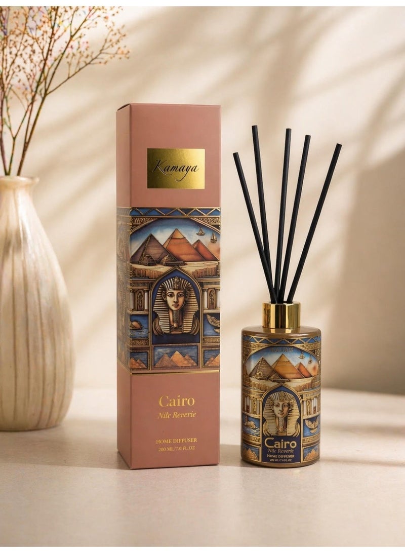 KAMAYA Skyline Collection. Reed Diffuser.  Cairo skyline on the glass jar with gold lid. Frgarance noted citrus, floral and fruity with bergamot, rose, musk and Tonka. Perfect for gifting .Beautiful box with gift card inside - Image 2