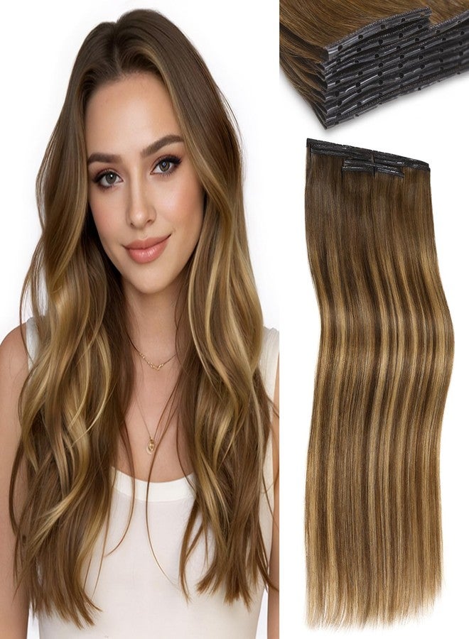 LADY MIRANDA 18 Inch 100g 8Pcs OVO Double Weft Invisible PU Hair Extensions Real Human Hair Mixed Brown Hair Extensions Seamless & Reusable Handmade Twin Tabs Hair Extension(T4/27, 18 Inch) - Image 1