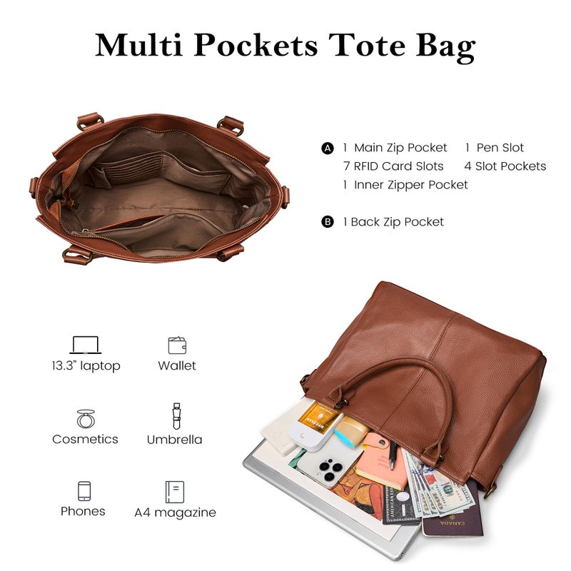 befen Soft Genuine Leather Purses for Women Medium Tote Bag Handbags Crossbody Bags Top Handles Satchel Purse Shoulder Bag with RFID Card Slots Cognac Brown - Image 3