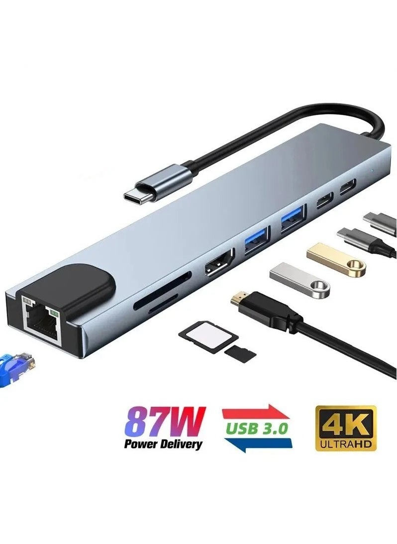 Generic - USB C Hub, 8 in 1 Type-C Hub Multiport Adapter with 4K HDMI, PD Power Delivery, USB-C, Ethernet, 2 USB, SD/TF Card Reader Compatible with Mac Book Pro XPS and More Type-C Devices - Image 1