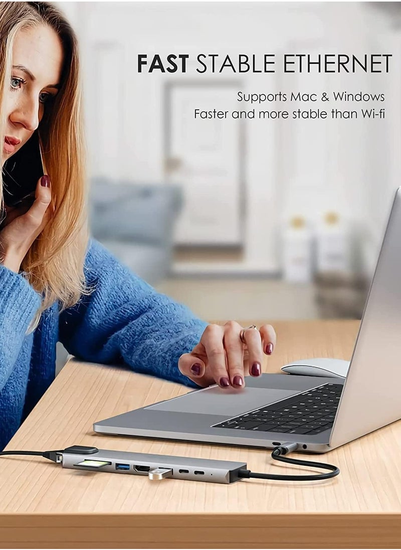Generic - USB C Hub, 8 in 1 Type-C Hub Multiport Adapter with 4K HDMI, PD Power Delivery, USB-C, Ethernet, 2 USB, SD/TF Card Reader Compatible with Mac Book Pro XPS and More Type-C Devices - Image 1