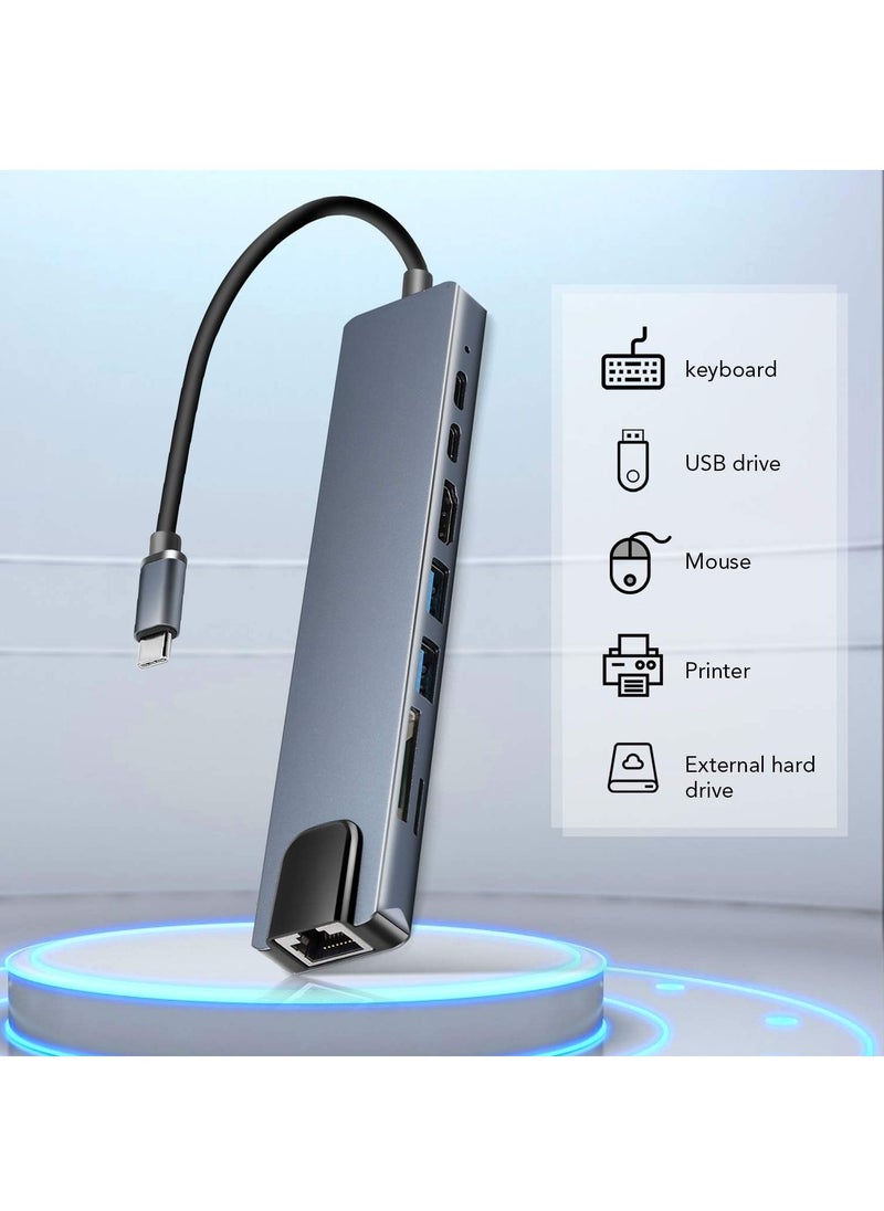 Generic - USB C Hub, 8 in 1 Type-C Hub Multiport Adapter with 4K HDMI, PD Power Delivery, USB-C, Ethernet, 2 USB, SD/TF Card Reader Compatible with Mac Book Pro XPS and More Type-C Devices - Image 1