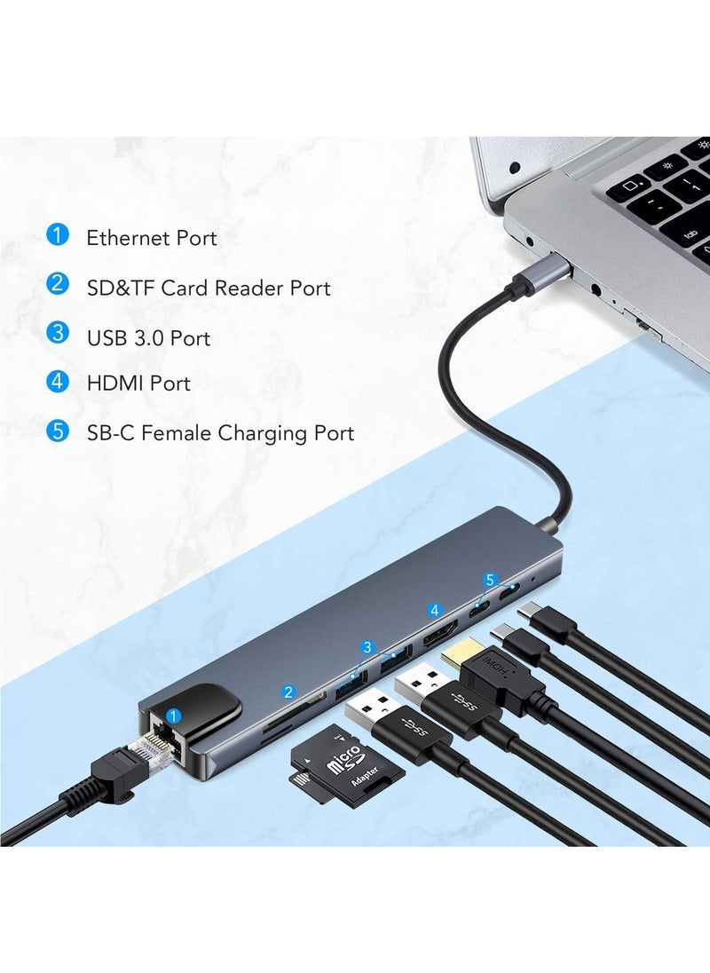 Generic - USB C Hub, 8 in 1 Type-C Hub Multiport Adapter with 4K HDMI, PD Power Delivery, USB-C, Ethernet, 2 USB, SD/TF Card Reader Compatible with Mac Book Pro XPS and More Type-C Devices - Image 1