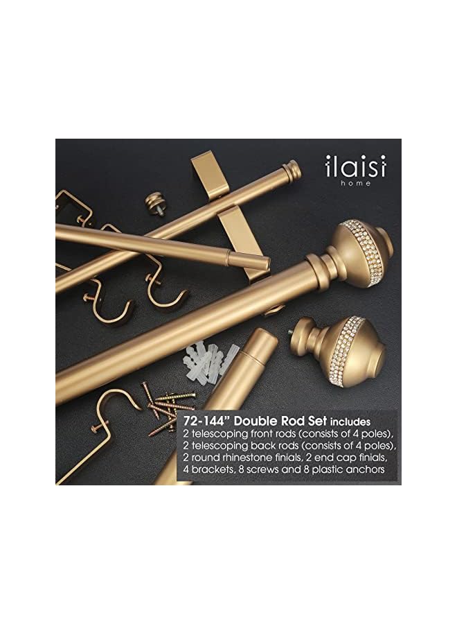 The Bros Double Curtain Rod Set:1-1/8 Inch Diameter Luxury Gold Curtain Rods,72-144 Inch Adjustable Gold Drapery Rod with Rhinestone Finials for 1 Pack - Image 3